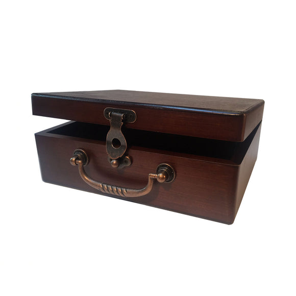 An elegant Old World Wooden Treasure Box by Wood Expressions Inc. This beautifully crafted box features a rich mahogany finish, a sturdy handle, and a vintage-style latch, perfect for storing treasures or as a decorative piece.