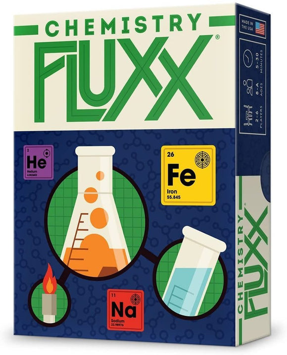 The Chemistry Fluxx game box from Looney Labs featuring vibrant illustrations of beakers, elements like He (Helium), Fe (Iron), and Na (Sodium), along with colorful graphics on a dark blue background, designed for players aged 8 and up. The game involves a unique set of evolving rules and fun chemistry-themed cards.