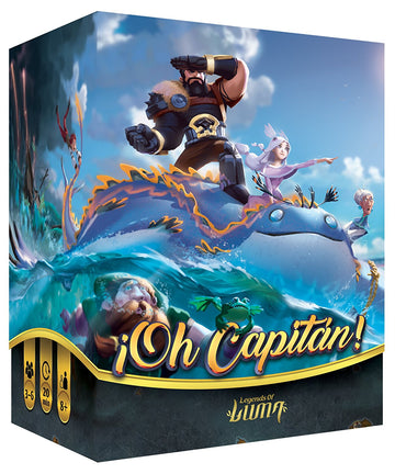 Oh Captain! board game box featuring vibrant artwork of characters navigating a colorful fantasy ocean scene. The box highlights elements of adventure and teamwork, suitable for 3-6 players aged 8 and up.