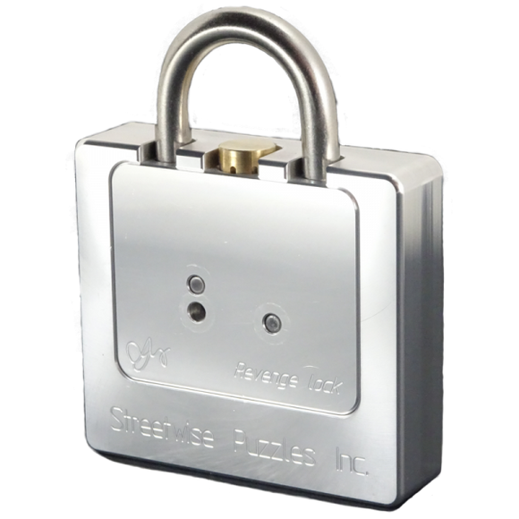 The Revenge Lock by W.G.H. Strijbos is a mechanical puzzle designed for challenge enthusiasts. The lock features a sleek silver design with an intricately crafted body and two holes for manipulation, inviting users to engage in an intellectually stimulating experience. Its high-quality material ensures durability, making it a perfect addition to any puzzle collection.
