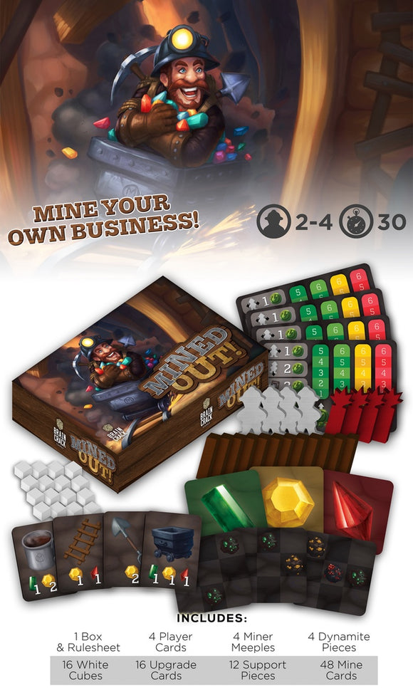 Mined Out! board game by Braincrack Games. The box features a miner character and includes components such as player cards, miner meeples, and various game pieces like upgrade cards and mine cards. Designed for 2-4 players with a playtime of approximately 30 minutes.