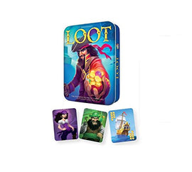 The game 'Loot' by Gamewright, featuring colorful artwork of pirates and treasure. The tin box shows a pirate holding gold, surrounded by character cards and a ship card, inviting players to engage in a treasure-hunting adventure.