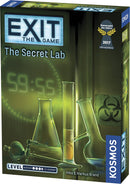 The box of 'Exit: The Secret Lab' game by Thames & Kosmos features a captivating green background with laboratory equipment such as flasks and beakers. The game title is prominently displayed at the top, and there's a countdown timer showing 59:55, hinting at the game's escape room experience. It also includes a recognition badge indicating it won the 2017 Kritikerpreis award.