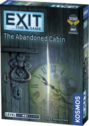 Exit: The Abandoned Cabin board game by Thames & Kosmos. The game box features an intricately designed wooden door with a vintage clock and keyhole. It displays the title 'EXIT' in large letters and includes labels indicating the difficulty level ranging from novice to expert. The design hints at a thrilling escape room adventure experience.