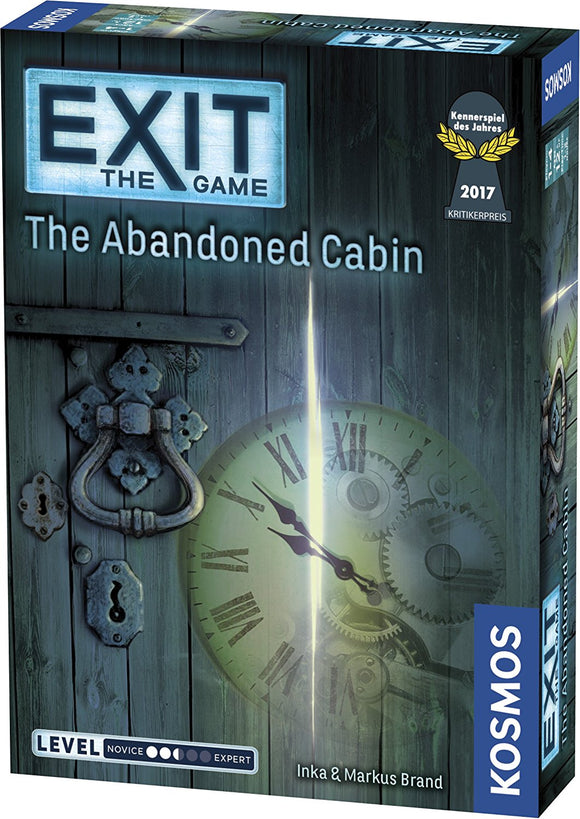Exit: The Abandoned Cabin board game by Thames & Kosmos. The game box features an intricately designed wooden door with a vintage clock and keyhole. It displays the title 'EXIT' in large letters and includes labels indicating the difficulty level ranging from novice to expert. The design hints at a thrilling escape room adventure experience.