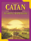 Catan: Traders & Barbarians – 5-6 Player Extension game box featuring vibrant artwork of characters and landscapes. The title 'Catan' is prominently displayed in bold letters, with a sunny landscape and various characters interacting with their surroundings, showcasing the game's adventurous theme.