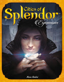 The box cover of the game 'Cities of Splendor' features a detailed illustration of a woman holding a sparkling gem, set against a backdrop of historical architecture. The title 'Cities of Splendor' is prominently displayed in bold, golden letters at the top, along with the word 'Expansions' below. The artwork suggests a theme of wealth and strategy within a historical context.
