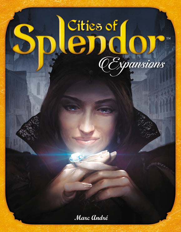 The box cover of the game 'Cities of Splendor' features a detailed illustration of a woman holding a sparkling gem, set against a backdrop of historical architecture. The title 'Cities of Splendor' is prominently displayed in bold, golden letters at the top, along with the word 'Expansions' below. The artwork suggests a theme of wealth and strategy within a historical context.