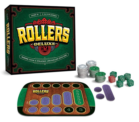 Rollers Deluxe game by USAopoly featuring a vibrant green box design. The set includes colorful dice, coins, and a player board. Suitable for 2 to 6 players aged 8 and up, where luck and strategy intertwine.