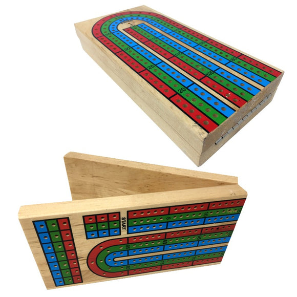 A Cribbage board set featuring a folding wooden design with three tracks for play. The top view showcases colorful red, green, and blue scoring holes with numbers indicating points. The board is compact and portable, making it ideal for game nights.