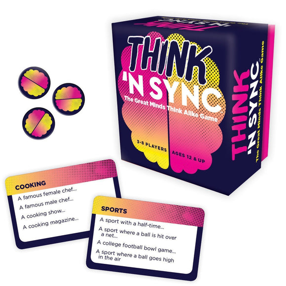 Think 'n Sync board game by Gamewright featuring vibrant packaging with a brain design. The box contains cards labeled 'Cooking' and 'Sports', along with three circular tokens. This engaging game is designed for 3-8 players, ages 12 and up, and focuses on collaboration and quick thinking.