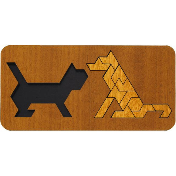 A wooden mechanical puzzle titled 'Dog to Cat challenge'. It features a black silhouette of a cat on the left and a tan dog shape made of interlocking pieces on the right, showcasing intricate design and craftsmanship.