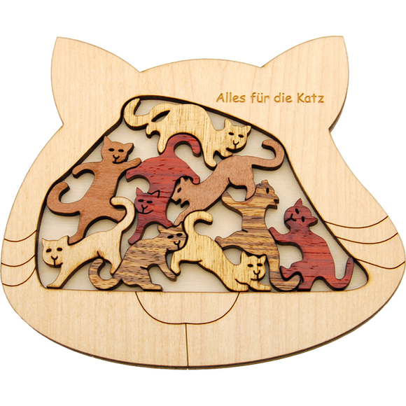 Katzen 10 mechanical puzzle by Jean-Claude Constantin featuring intricately designed wooden cat pieces in various colors, displayed within a cat-shaped frame. The frame is inscribed with 'Alles für die Katz'. Perfect for puzzle enthusiasts and cat lovers alike.