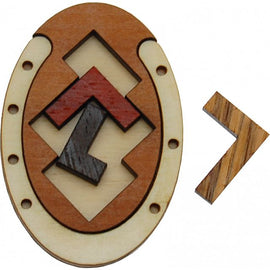 A mechanical puzzle by Jean-Claude Constantin featuring a wooden base with an intricate design and three colored pieces (red, black, and brown) that fit into the base. A separate wooden piece lies next to the puzzle, showcasing a geometric shape. The puzzle is oval-shaped with cutouts and can be enjoyed by puzzle enthusiasts looking for a challenge.