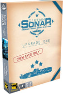 Captain Sonar: Upgrade One board game by Asmodee featuring a vintage-style box cover. The design includes nautical elements, emphasizing teamwork and strategy for 2-8 players aged 14 and up. The tagline 'Crew Eyes Only' is prominently displayed, creating intrigue for potential players.