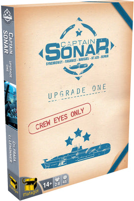 Captain Sonar: Upgrade One board game by Asmodee featuring a vintage-style box cover. The design includes nautical elements, emphasizing teamwork and strategy for 2-8 players aged 14 and up. The tagline 'Crew Eyes Only' is prominently displayed, creating intrigue for potential players.