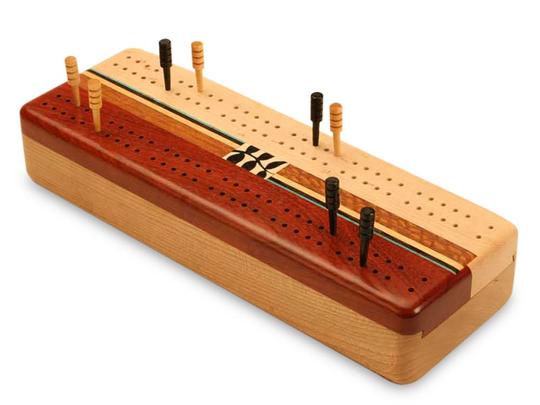 A handcrafted Cribbage board featuring an elegant cherry marquetry design by Heartwood Creations. The board includes a smooth surface with drilled holes and pegs for scoring, showcasing a beautiful combination of natural wood tones.