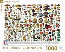 A colorful 1000-piece jigsaw puzzle featuring a detailed illustration of various types of mushrooms, including shapes, sizes, and unique characteristics. The puzzle includes vibrant drawings of different fungi set against a light background, ideal for mushroom lovers and puzzle enthusiasts alike, showcasing the diversity of mushrooms.