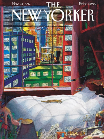 A whimsical 1000-piece jigsaw puzzle depicting a cozy interior scene with a cat napping on a fluffy bed. The window shows a colorful cityscape, filled with vibrant buildings and life. Rich colors and playful details create a charming atmosphere, perfect for cat lovers and puzzle enthusiasts alike.