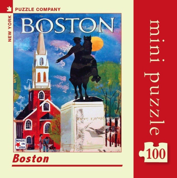 Boston Mini Puzzle featuring a colorful illustration of Boston's historic sites, including a church and a statue, with a blue sky and trees in the background. The puzzle contains 100 pieces and is made by New York Puzzle Company.