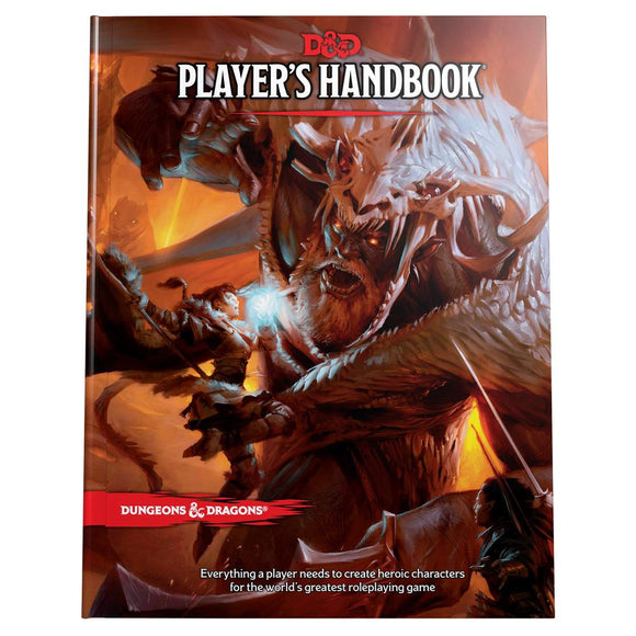 The cover of D&D: Player's Handbook 5th Edition, featuring vibrant artwork. A heroic scene displays a wizard casting a spell at a large, fearsome dragon with a backdrop of dramatic colors and details that embody adventure.