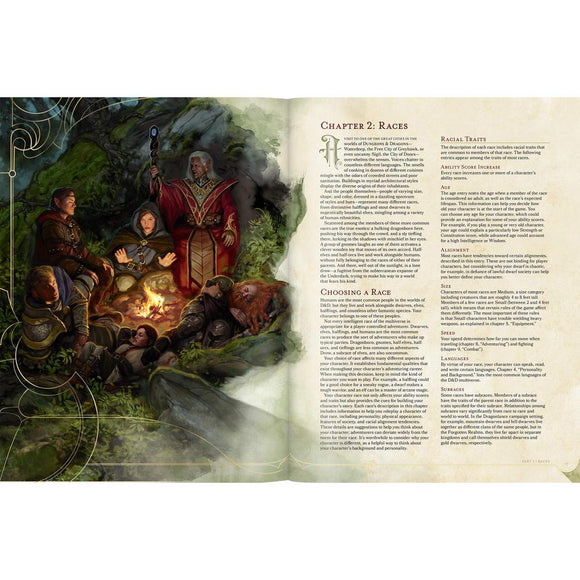 An open spread of the D&D Player's Handbook 5th Edition, showcasing colorful illustrations of diverse RPG characters around a campfire. The left page features an illustrated scene depicting various adventurers engaging in conversation, while the right page includes text from Chapter 2: Races, detailing character traits and backgrounds in the game.