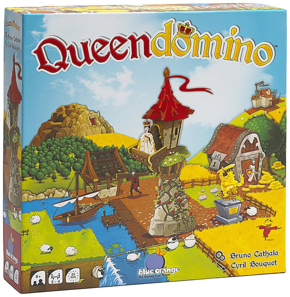 Queendomino board game from Blue Orange U.S.A. featuring colorful illustrations of a landscape with a castle, characters, and various terrains like water and hills. The attractive box design highlights elements like a queen, farmhouses, and sheep, making it visually appealing and engaging for players.