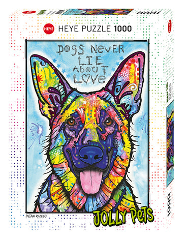 Colorful jigsaw puzzle box featuring a vibrant dog illustration by Dean Russo. The artwork showcases a joyful dog with a rainbow palette and the phrase 'Dogs Never Lie About Love.' Perfect for pet lovers and puzzle enthusiasts alike.