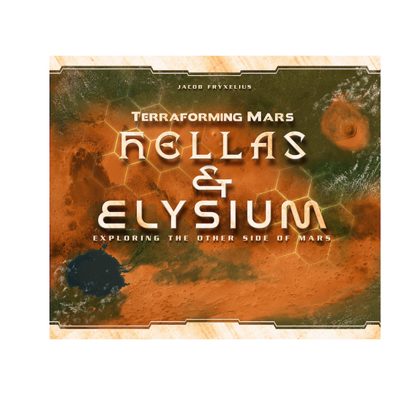 Box cover of Terraforming Mars: Hellas & Elysium game by Stronghold Games. Features vibrant artwork of Mars geography, showcasing hexagonal gameplay elements and the title prominently displayed. A blend of exploration and strategy awaits players as they venture into this expansion set.