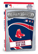 MasterPieces Boston Red Sox playing cards featuring iconic team designs. The card deck showcases red and blue colors with a prominent Red Sox logo, ideal for fans and game lovers. Perfect for a fun game night or show your team spirit during play.