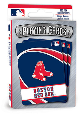 MasterPieces Boston Red Sox playing cards featuring iconic team designs. The card deck showcases red and blue colors with a prominent Red Sox logo, ideal for fans and game lovers. Perfect for a fun game night or show your team spirit during play.