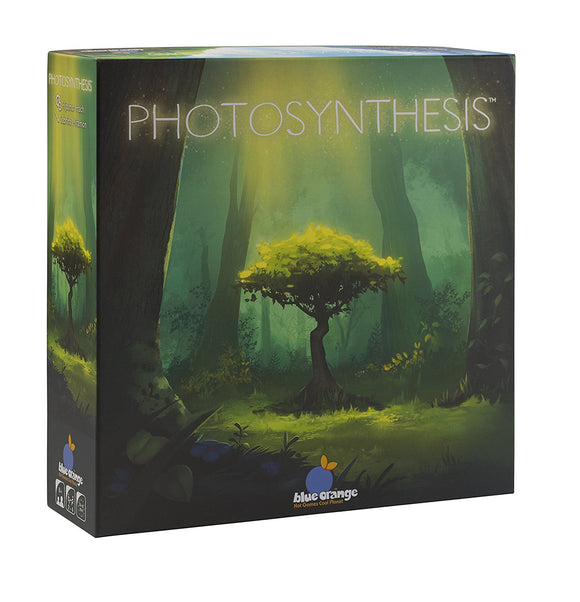 The game 'Photosynthesis' by Blue Orange U.S.A., featuring an aesthetically pleasing box design with vibrant forest imagery, showcasing a central tree surrounded by lush greenery, ideal for family game nights.