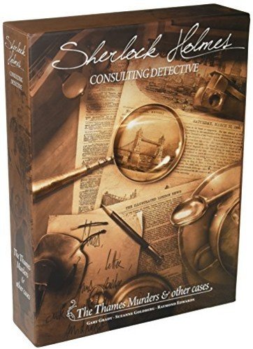 The game box for 'Sherlock Holmes Consulting Detective: The Thames Murders & Other Cases' by Asmodee. The packaging features a vintage design with a magnifying glass, detective items, and newspaper clippings. The title is prominently displayed at the top, showcasing its mysterious theme and inviting players into a world of deduction and investigation.