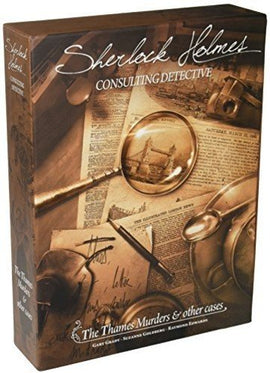 The game box for 'Sherlock Holmes Consulting Detective: The Thames Murders & Other Cases' by Asmodee. The packaging features a vintage design with a magnifying glass, detective items, and newspaper clippings. The title is prominently displayed at the top, showcasing its mysterious theme and inviting players into a world of deduction and investigation.