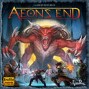 The cover art of the board game 'Aeon's End' by Indie Boards and Cards. It features a fierce red demon towering over characters wielding weapons and magic in a battle scene. The game title is prominently displayed at the top, conveying an epic fantasy theme.
