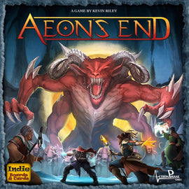 The cover art of the board game 'Aeon's End' by Indie Boards and Cards. It features a fierce red demon towering over characters wielding weapons and magic in a battle scene. The game title is prominently displayed at the top, conveying an epic fantasy theme.
