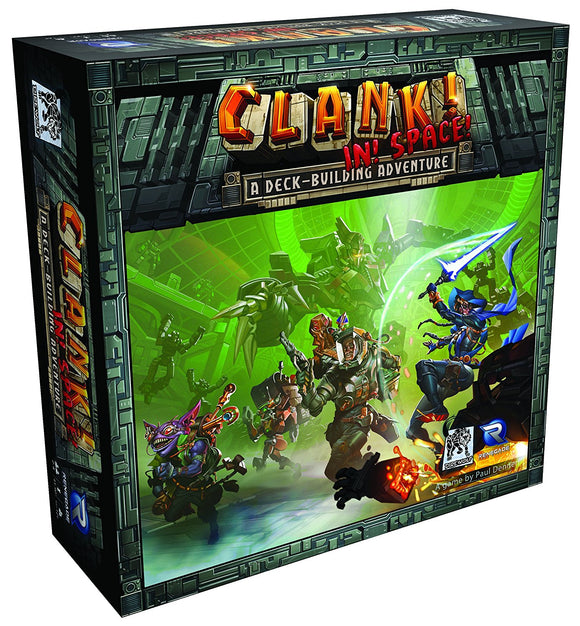 The game box for 'Clank! In! Space!' by Renegade Game Studios, featuring vibrant artwork of colorful characters in a sci-fi setting. The title is prominently displayed at the top, along with the tagline 'A deck-building adventure.'