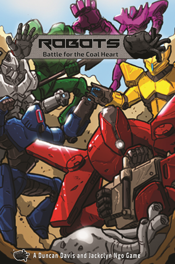 A vibrant and action-packed cover art for 'Robots: Battle for the Coal Heart' featuring multiple colorful robots in battle poses, showcasing intricate details and dynamic designs. The title is prominently displayed at the top, along with the creators' names at the bottom.