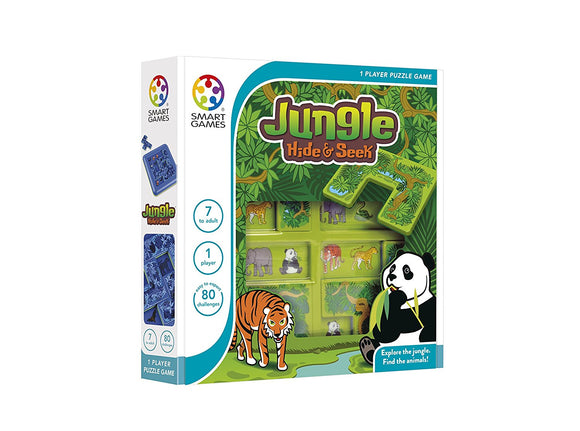 The Jungle Hide & Seek mechanical puzzle by SmartGames features colorful jungle-themed pieces with pictures of various animals. It challenges players to explore the lush jungle scenery and find hidden animals. The packaging includes details about the game's recommended age (7 to adult), number of players (1), and the 80 challenges available, making it suitable for both beginners and experienced players.