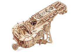 A detailed 3D wooden model of a hurdy-gurdy, featuring intricate carvings and mechanical elements. The model showcases the craftsmanship of UGears 3D, designed as a DIY kit for enthusiasts.