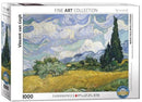 A jigsaw puzzle box featuring Vincent van Gogh's 'Wheat Field with Cypresses'. The box displays vivid artwork of rolling wheat fields and cypress trees against a swirling sky, packaged in a sturdy design indicating 1000 pieces and part of Eurographics' Fine Art Collection.