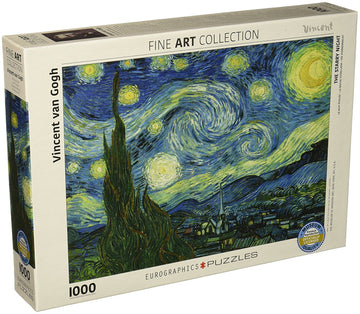 Eurographics jigsaw puzzle featuring Vincent van Gogh's iconic painting 'Starry Night'. The box showcases a colorful depiction of the night sky filled with swirling stars, a quaint village below, and cypress trees. This 1000-piece puzzle is part of the Fine Art Collection, perfect for art lovers and puzzle enthusiasts.
