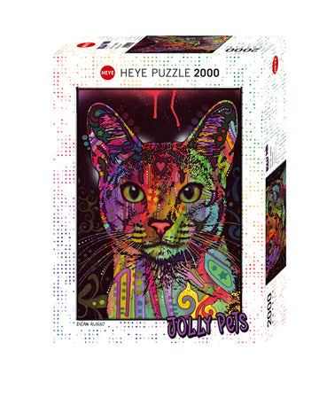 A beautifully designed jigsaw puzzle titled 'Abyssinian' by Heye featuring a colorful cat illustration. The puzzle box showcases intricate artwork with vibrant colors and patterns, promising a fun and engaging experience for puzzle enthusiasts.