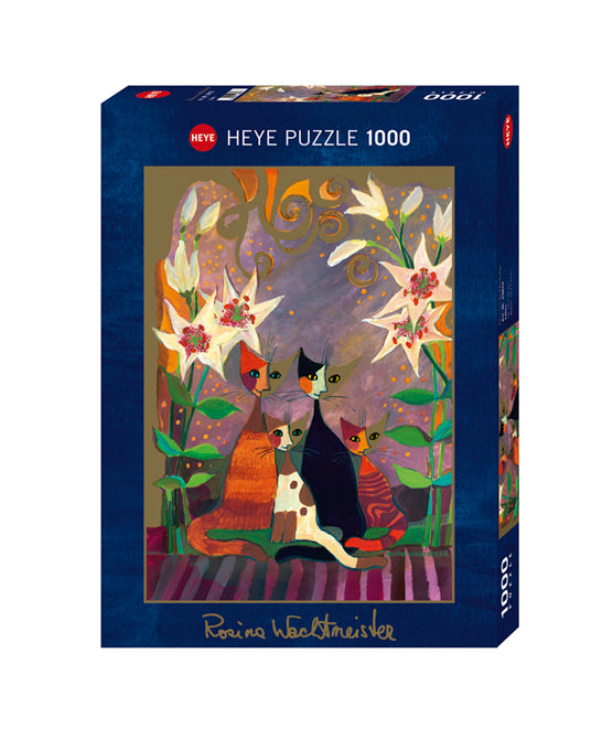 Heye 1000-piece jigsaw puzzle featuring a colorful artwork depicting four cats surrounded by vibrant lilies and a whimsical background. The packaging showcases artist Rosina Wachtmeister's signature.