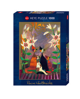 Heye 1000-piece jigsaw puzzle featuring a colorful artwork depicting four cats surrounded by vibrant lilies and a whimsical background. The packaging showcases artist Rosina Wachtmeister's signature.