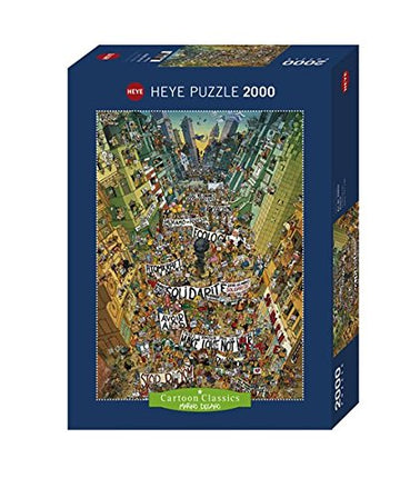 The Heye Protest! Degano jigsaw puzzle showcases a vibrant and intricate cartoon-style illustration featuring a crowd of animated figures holding banners with messages of solidarity and activism. The puzzle box is blue with a prominent logo and a depiction of a lively city scene. This 2000-piece puzzle is perfect for art enthusiasts and puzzle lovers, offering a challenging experience filled with colorful details.