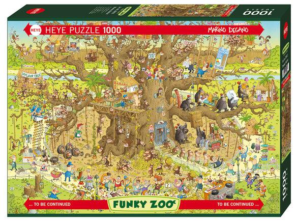 Monkey Habitat jigsaw puzzle by Heye featuring a vibrant and detailed illustration of a tree filled with monkeys and various animals in a playful jungle setting. The scene includes explorers, wildlife signs, and whimsical characters engaging in fun activities, perfect for puzzle enthusiasts and animal lovers. This 1000-piece puzzle offers a delightful challenge and a colorful visual experience.