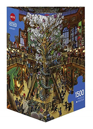 The Library jigsaw puzzle by Heye features an intricate illustration of a grand library scene with a majestic tree at its center, surrounded by vibrant characters engaging in various activities. The puzzle includes 1500 pieces and comes in a decorative box that highlights the artwork, inviting both novice and experienced puzzlers to enjoy hours of fun. A poster is also included for reference.