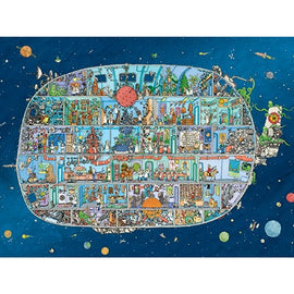 A colorful jigsaw puzzle featuring an intricate illustration of a spaceship, showcasing various rooms and characters in a whimsical cosmic setting. The design includes vibrant details such as alien creatures, spacesuit-clad figures, and diverse activities taking place in different sections, all set against a starry background with planets and asteroids. Perfect for puzzle enthusiasts and space lovers alike.