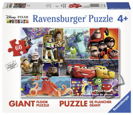 Ravensburger jigsaw puzzle featuring beloved Pixar characters. Includes 60 pieces showcasing iconic scenes and characters from Toy Story, Finding Nemo, Monster's Inc., and more, designed for kids aged 4 and up. The puzzle is visually appealing, with vibrant colors and sturdy pieces.